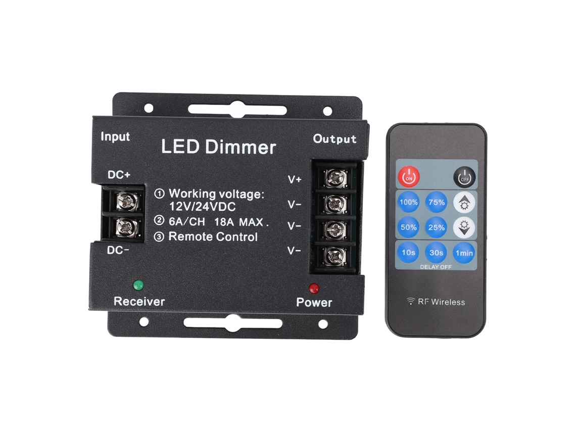 Regulador LED inalámbrico RF 2026 con control remoto de 11 teclas, ajuste de brillo, PWM, 12V/24V para tiras LED