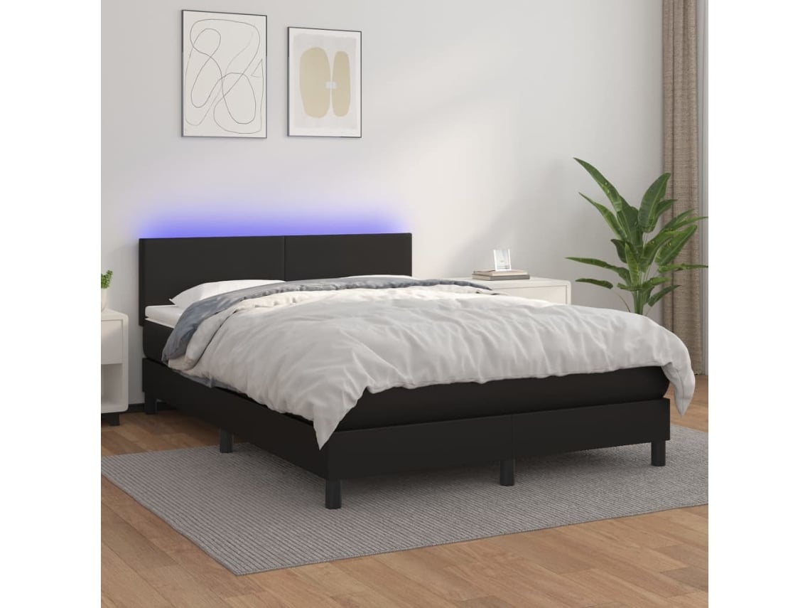 Cama Box Spring Colchón Y Led Cuero Sintético Negro 140x200 Cm