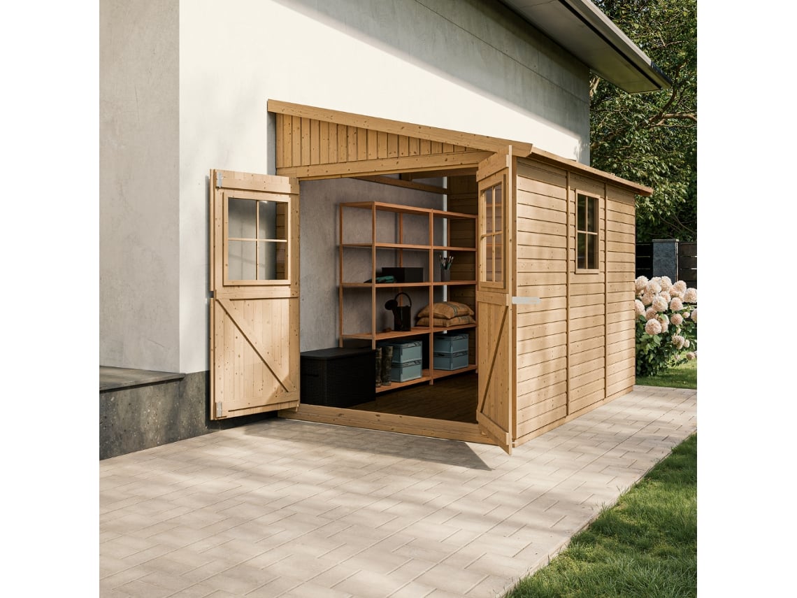 Caseta de Jardín de Madera TIMBELA M339 con Ventanas y Sin Pared Lateral (6 M² - 243 x 318 x 216 cm)