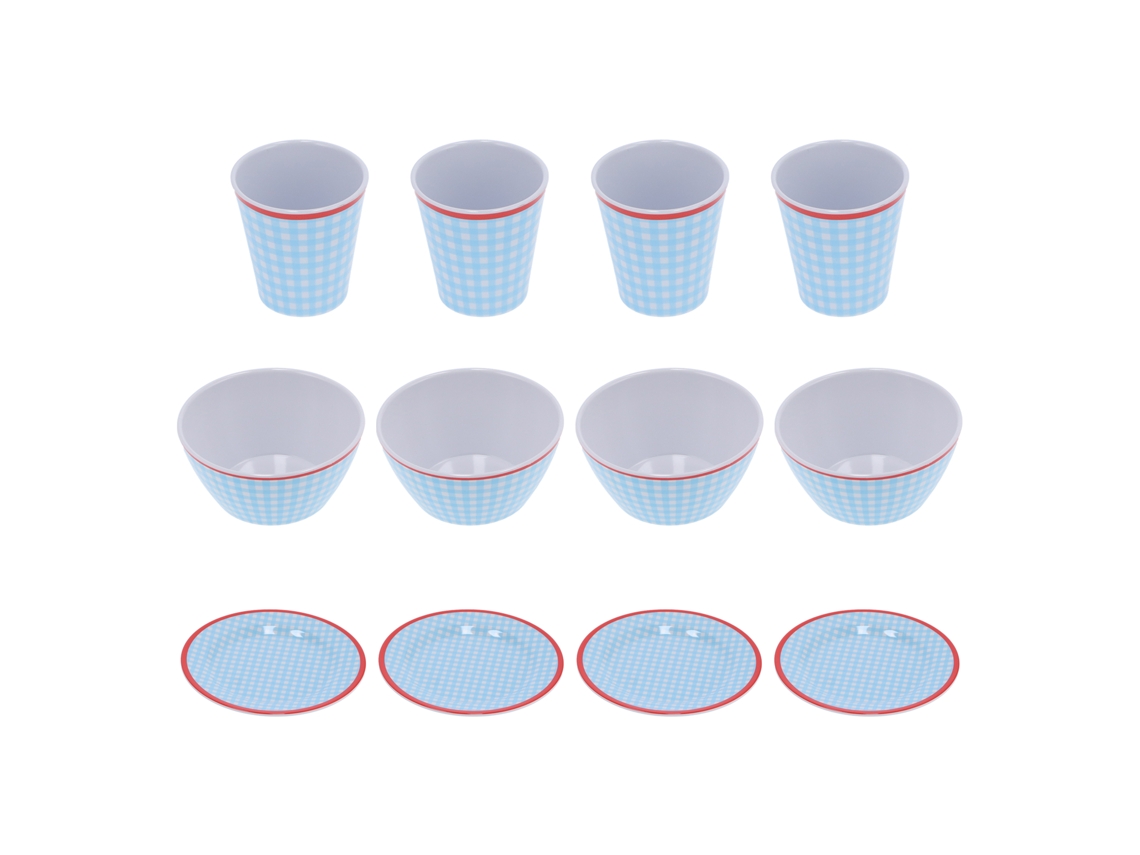 Juego de vajilla de 12 piezas con diseño de cuadrícula azul claro: taza, tazón y plato para el hogar, la cocina y el restaurante.
