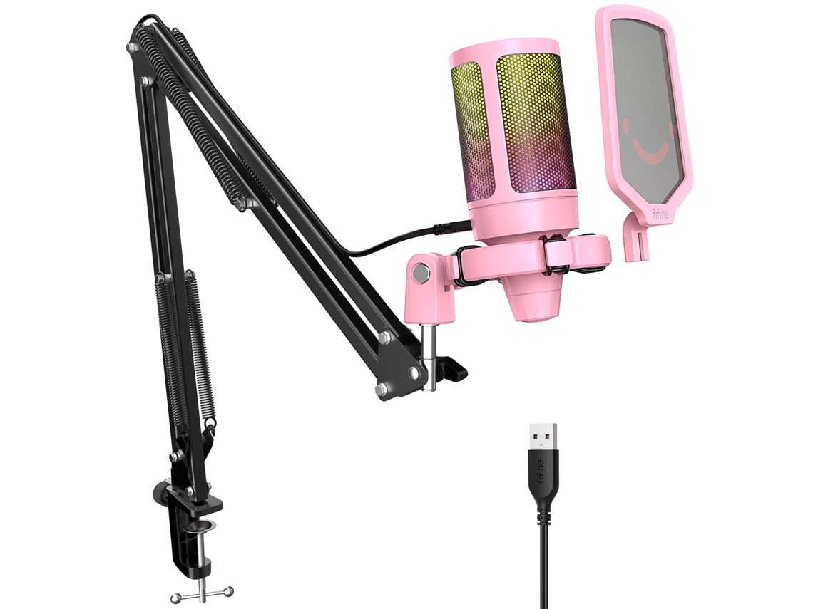 Kit de micrófono para videojuegos con botón de silencio, iluminación RGB y soporte. Micrófono de condensador cardioide. Mdug (rosa).