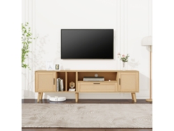 Mueble Tv De 180x40x54 Cm En Ratán, 2 Puertas + Cajón, Patas De Madera Maciza, Soporta Tv De 80", 3 Estantes, Gestión De Cables, Roble