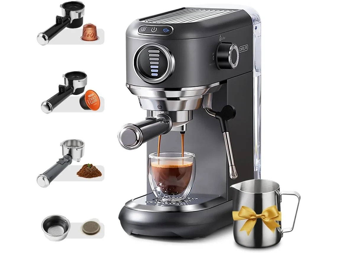 MK 601f, Cafetera 4 en 1, Compatible con Cápsulas Nespresso, Dolce Gusto, Starbucks ESE y Café Molido Cafelffe.