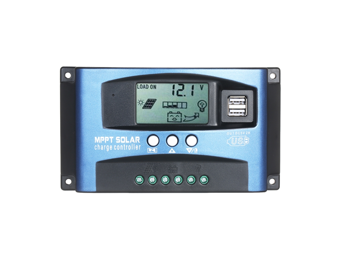 Controlador solar MPPT con pantalla LCD, USB, doble 12V/24V, identificación automática.