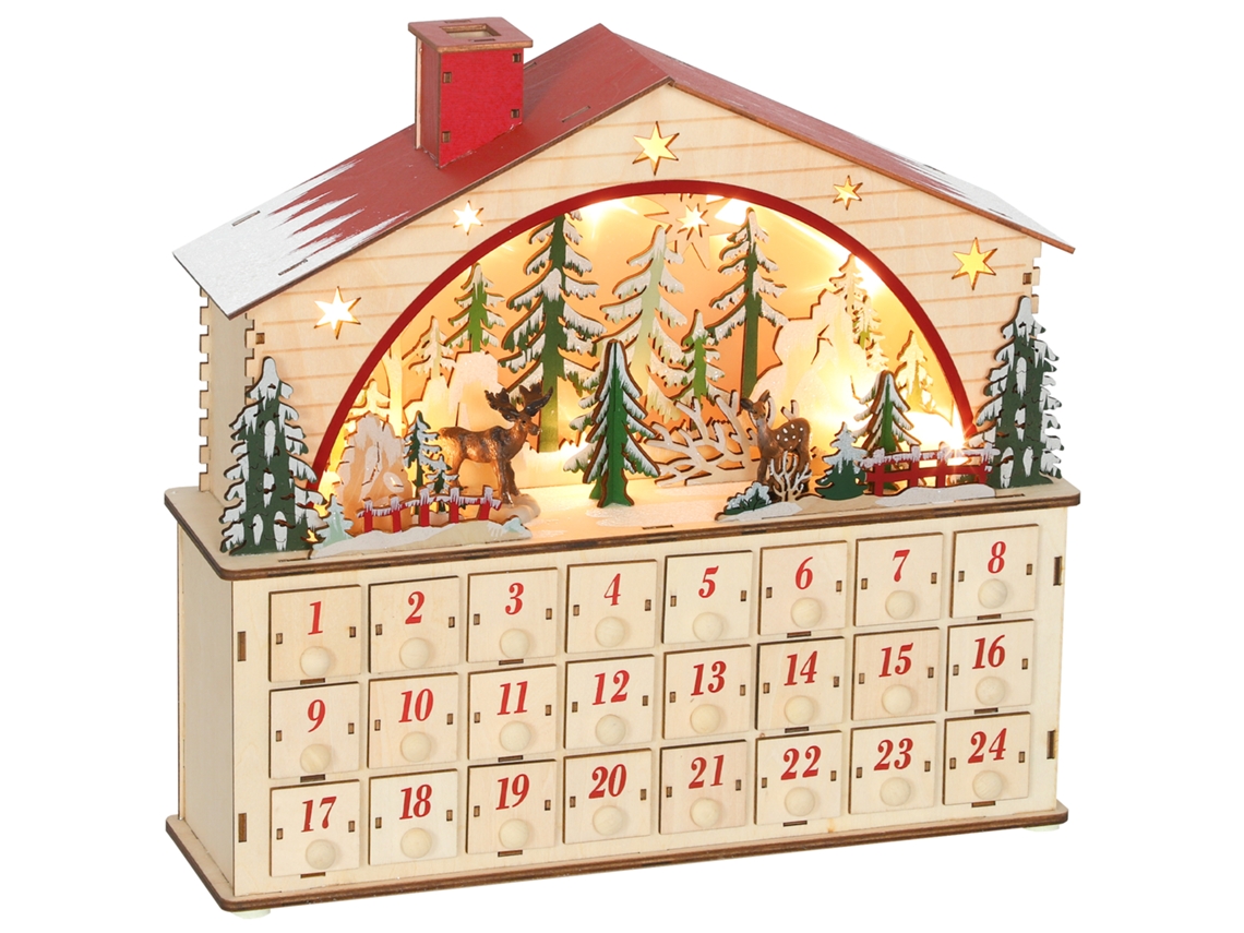 Calendario Adviento Madera 24 Cajones Led Decoración Navideña Natural