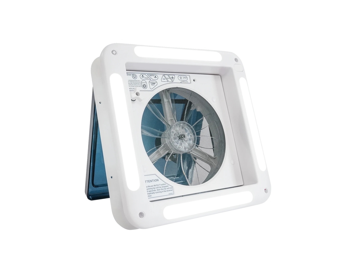 Ventilador para autocaravana, velocidad ajustable, doble control, color blanco.