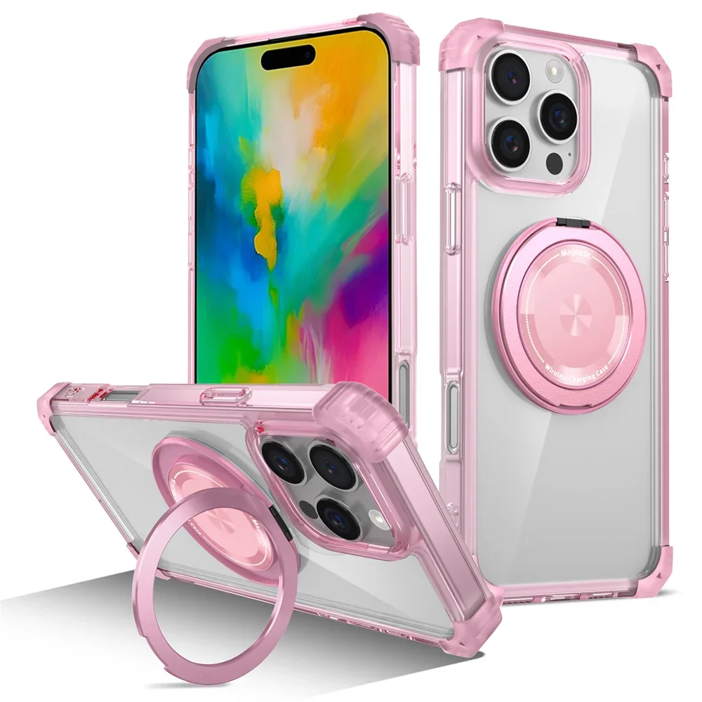(rosa, Iphone 13) Funda Magnética Para Teléfono Con Carga Inalámbrica Y Soporte Giratorio Transparente Invisible.