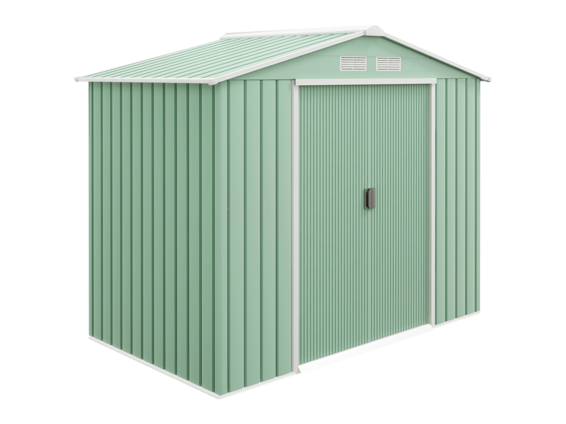 Caseta de jardín pequeña de 2,5 m² con base para herramientas, cerradura y cerradura, de acero verde claro.