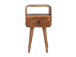 Mesita de noche pequeña de roble macizo, curvada, con 1 cajón y compartimento abierto, color beige, ARTISAN FURNITURE EST 1995 TM