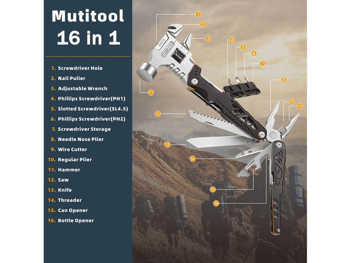 Negra ipree Llave Inglesa Multifuncional Portátil Martillo Emergencia Camping Acero Inoxidable Plegable Clavos