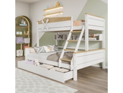 Litera de 90x200 cm y 140x200 cm con escalera, estantes y 2 cajones en madera de pino y MDF estilo blanco
