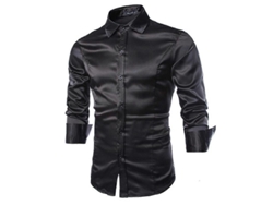 Camisa De Seda Brillante Para Hombre De Lujo Manga Larga Slim Fit Casual Botones Mblack