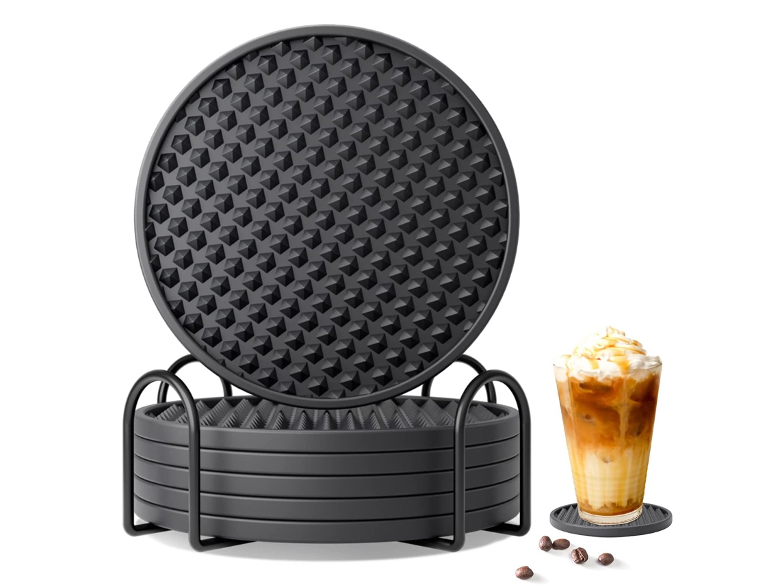 Juego de 6 posavasos de silicona con soporte, protector de mesa, lavable (negro). TRUYUETY