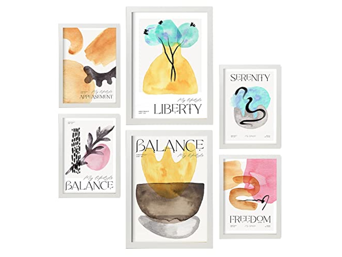 NACNIC Set De 6 Posters Abstractos Equilibrio Láminas Con Estética Exposición De Arte Ilustraciones A Todo Color Para  Tamaños A3 & A4 Marcos Blancos