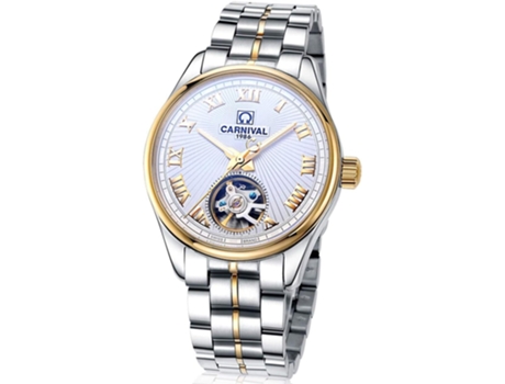 VEANXIN Reloj de pulsera automático para hombre Tourbillon esqueleto de acero inoxidable resistente al agua-Plata Oro Blanco