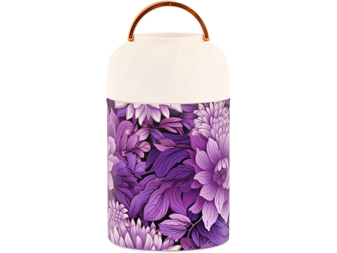 Tarro Térmico De Acero Inoxidable 500 Ml Con Cuchara Diseño Flores Moradas Para Niños Y Mujeres Grado Ali...