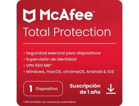 Software MCAFEE Total Protection (1 Dispositivo - Windows, macOS, chromeOS, Android e iOS - 1 año - Formato Digital)