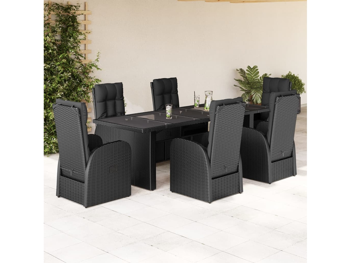 Juego de comedor de jardín de 7 piezas con cojines, mimbre sintético negro, DKD Home Decor