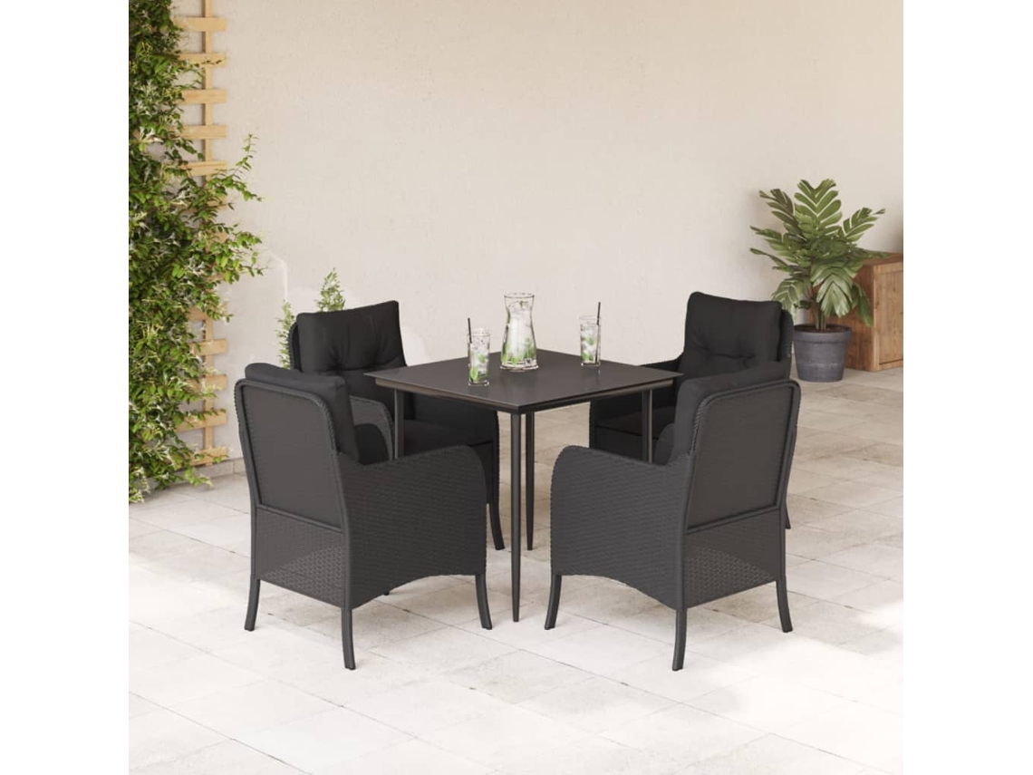 Juego de comedor de jardín de 5 piezas con cojines, mimbre sintético negro, DKD Home Decor