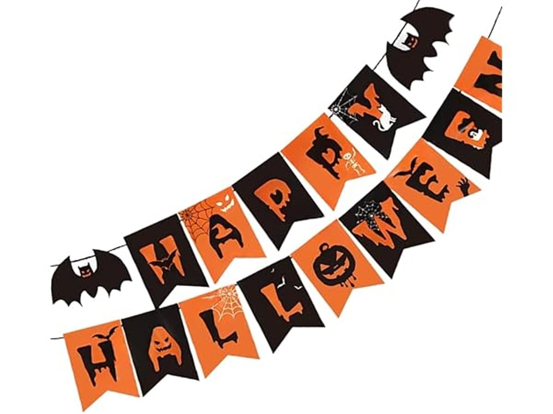 Letrero "feliz Halloween" Decorado Con Fantasmas, Calabazas Y Murciélagos, Ideal Para La Decoración De Fiestas. Negro Y Naranja, Ergonómico