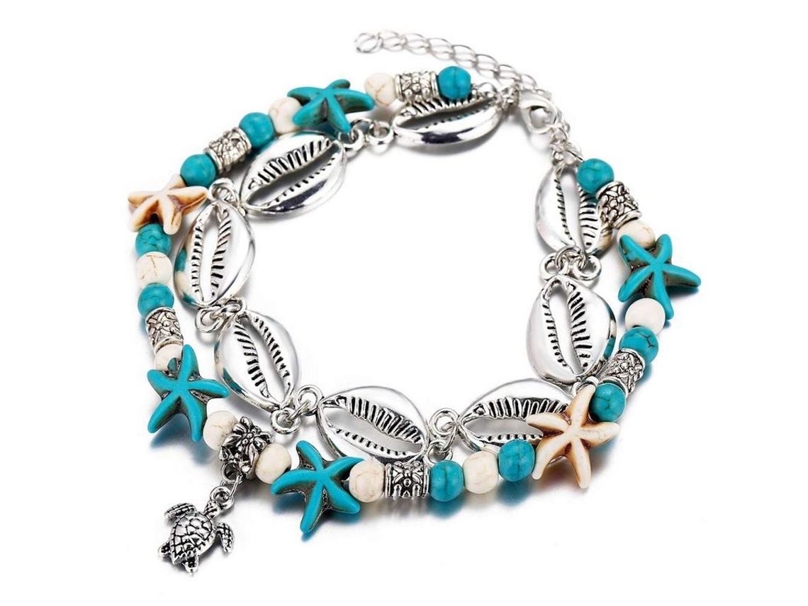 Tobillera De Doble Capa Con Colgante De Estrella De Mar, Concha Y Tortuga Para Mujer - Estilo Bohemio Veraniego
