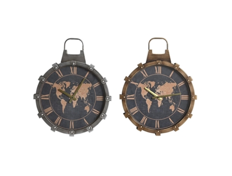 Reloj de Pared DKD HOME DECOR 42 x 8,5 x 54 cm Cristal Plateado Dorado Hierro Mapamundi (2 Unidades)