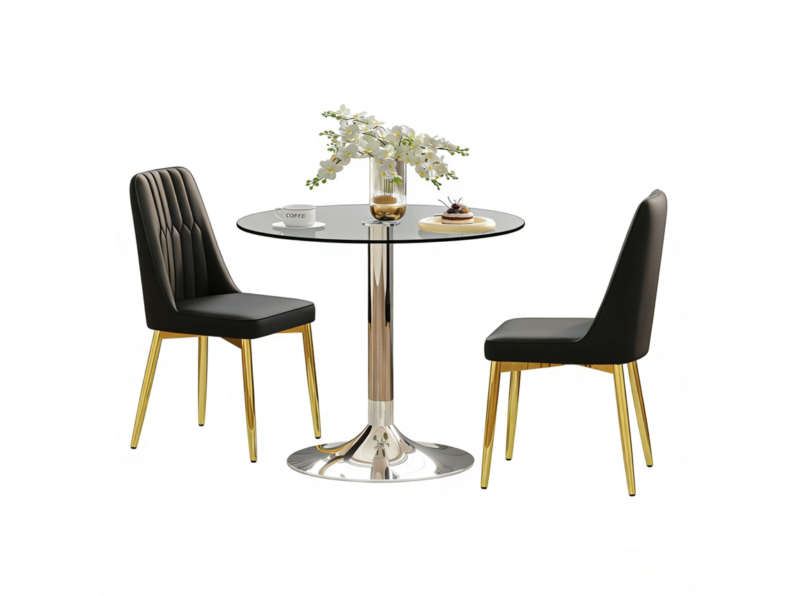 Conjunto Mesa Comedor 85 Cm - Minimalista Vidrio Templado + 2 Sillas Pu - Negro+oro