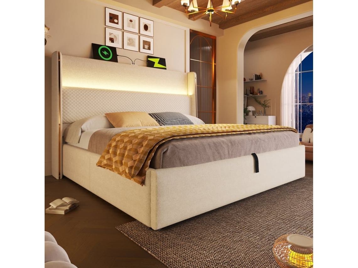 Cama Hidráulica 160x200 Cm - Con Cabezal Ajustable, Iluminación Led, Almacenamiento Y Puertos Usb/type-c - Beige