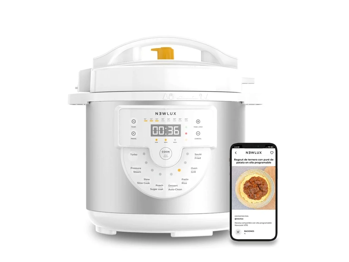 Olla Programable  Newlux Chef Pot V170 6L con Voz, 15 Funciones, 1000W, Programable 24h, 4 Niveles de Presión Blanco