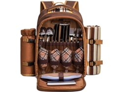 Mochila Para Picnic Para Cuatro Personas, Con Manta Polar Y Compartimento Isotérmico, Color Marrón, Ideal Para Actividades Al Aire Libre