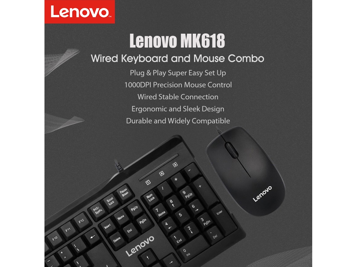 Combo De Teclado Y Ratón Con Cable Lenovo Mk618, Ergonómico, De Tamaño Completo, 1000 Dpi, Usb Para Pc/portátil