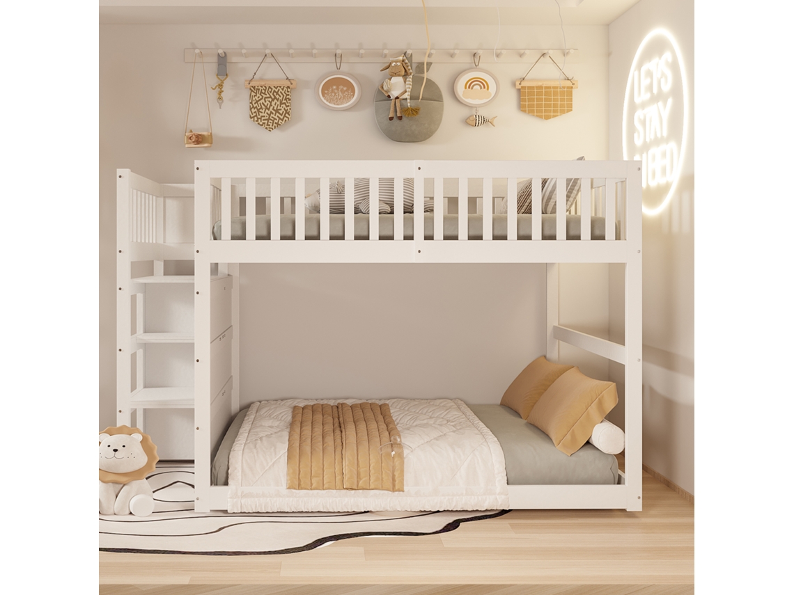 Litera baja de 140 x 200 cm, barrera alta, espacio de almacenamiento, madera, estilo blanco