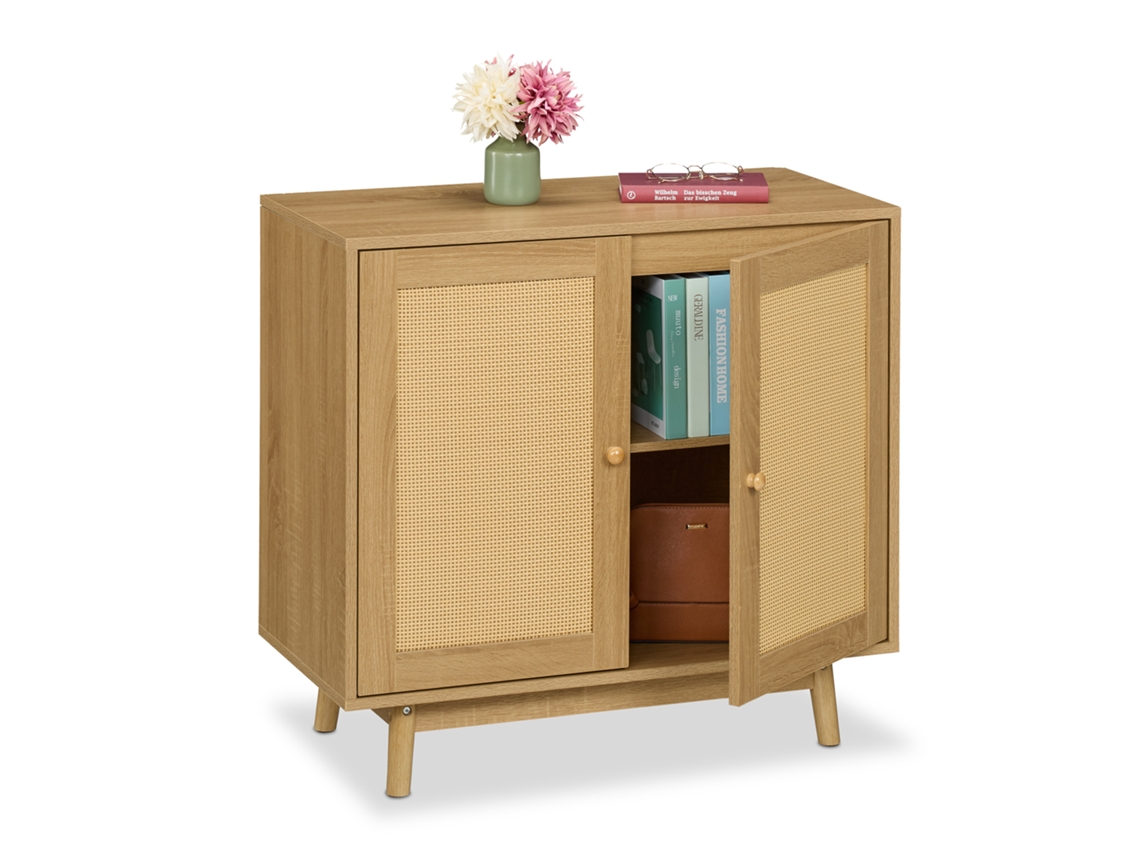 Relaxdays Aparador, 2 Compartimentos, Design Rattan E Madeira, Axlxp: 75 X 80 X 40 Cm, Sala, Cozinha, Apoio, Natural
