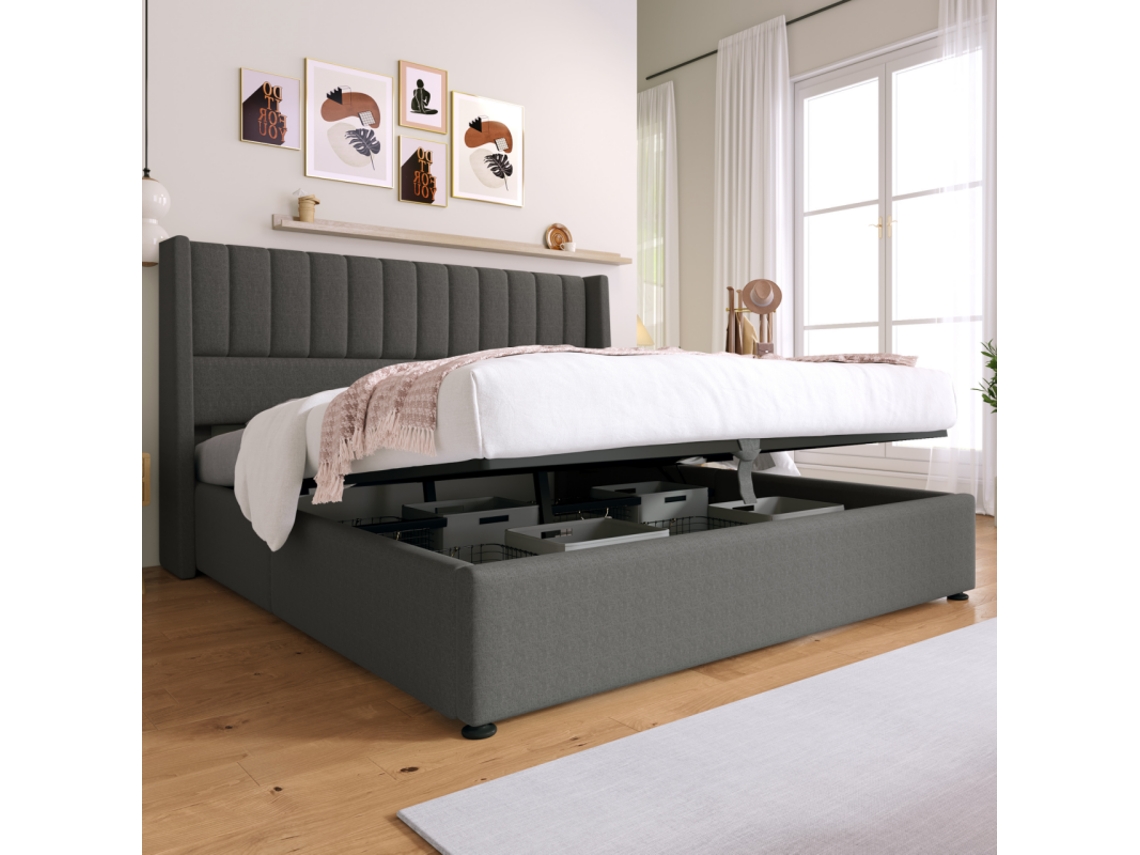 Cama 180x200 Cm Con Almacenamiento Hidráulico, Metal Y Madera, Somier De Láminas, Ropa De Cama Gris, Colchón No Incluido.