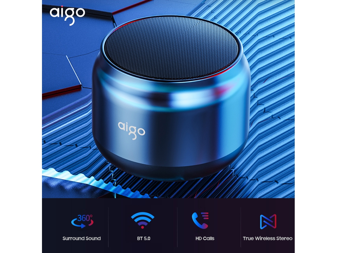 Altavoz inalámbrico Aigo T98 BT 5.0, reproductor de música estéreo inalámbrico con micrófono, llamadas HD, sonido estéreo, graves profundos, 1200 mAh, altavoz de larga duración