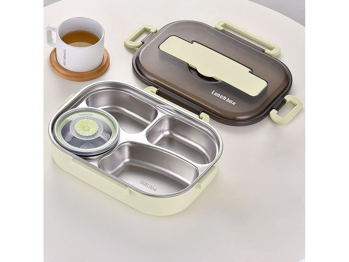 Fiambrera Rebe-bento para niños y estudiantes con aislamiento térmico y utensilios de acero inoxidable, 4 compartimentos, color verde.