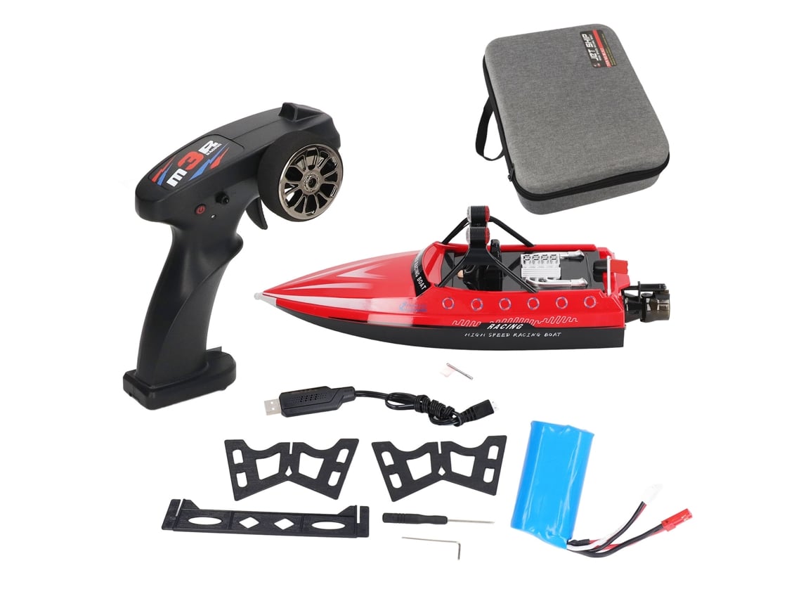 Lancha eléctrica recargable con control remoto y sistema anticolisión, alcance de 80 m, juguete RC para adultos y niños, color rojo.