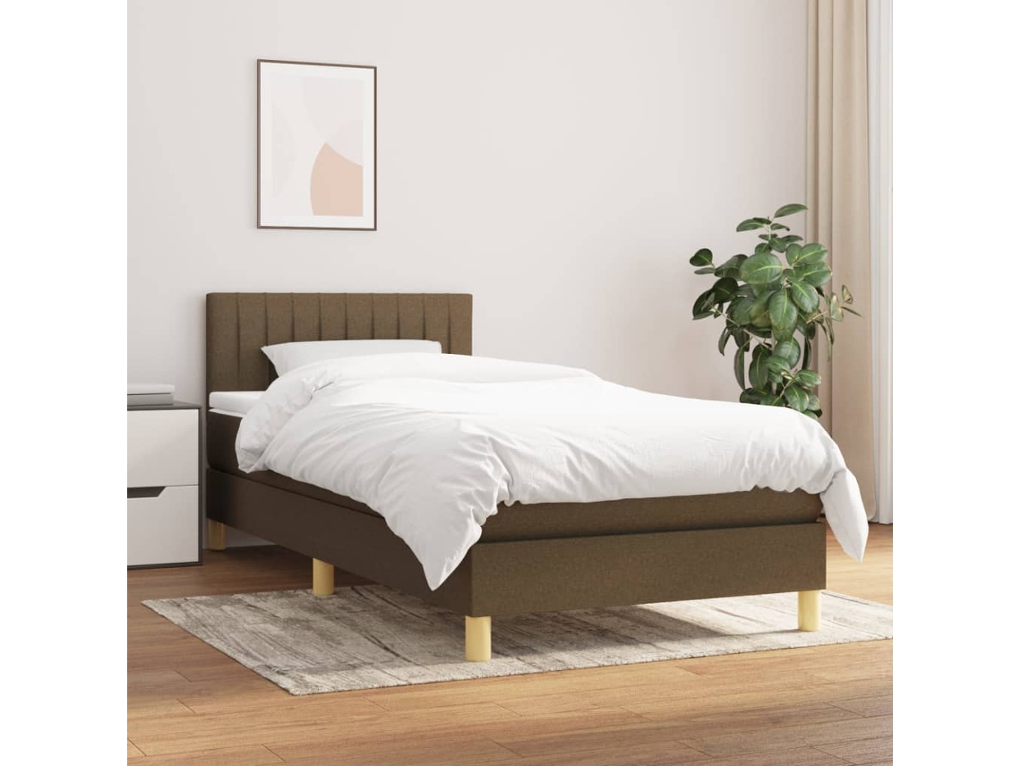 Cama Box Spring Con Colchón Tela Marrón Oscuro 90x200 Cm