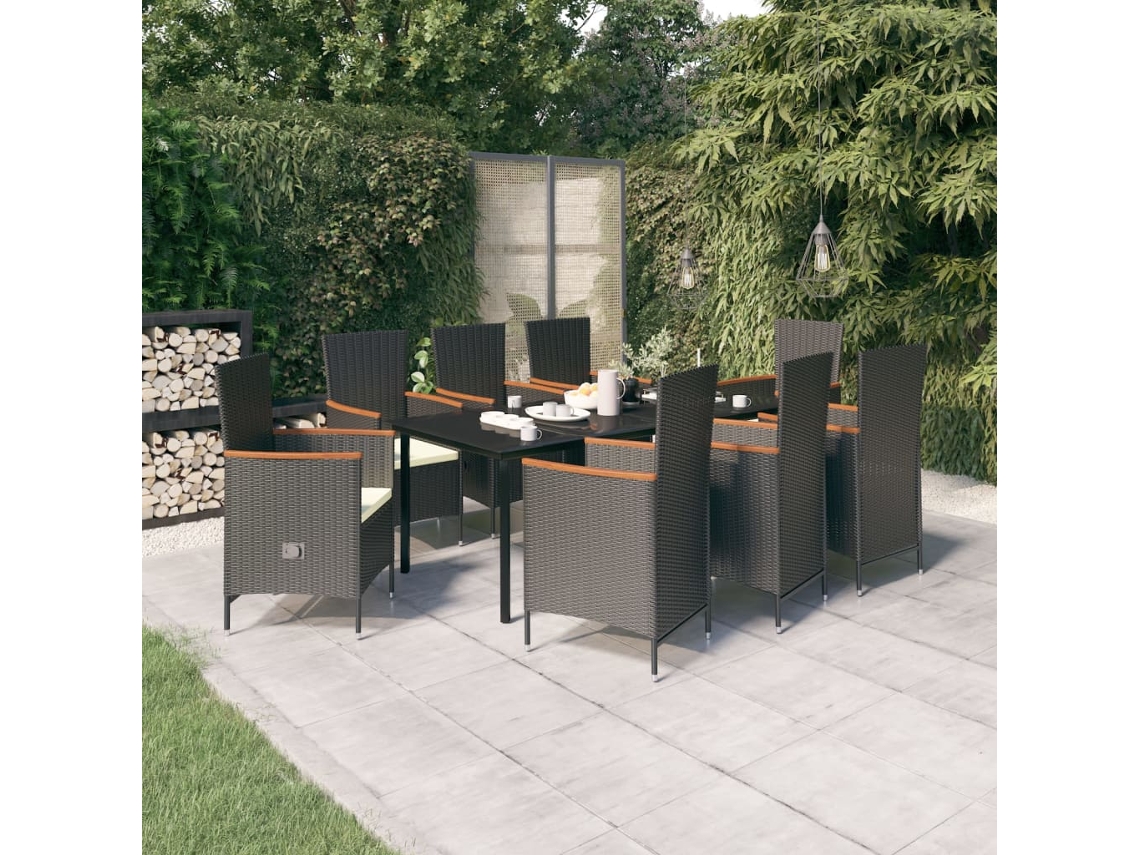 9 Pcs Conjunto De Jantar Para Jardim Com Almofadões Preto Dkd Home Decor