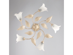 Lámpara de techo Olga de hierro lacado marfil con decoración. Difusores antiguos en oro y cristal. Diámetro 14 cm. Alabastro blanco. 5 luces. Altura 20 cm. Diámetro 70 cm. Belight.