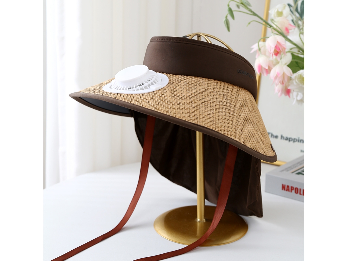 (caqui) Sombrero De Sol De Larga Duración Con Ala Ancha, Ventilador De Carga Solar Y Fuerte Protección Contra El Viento.
