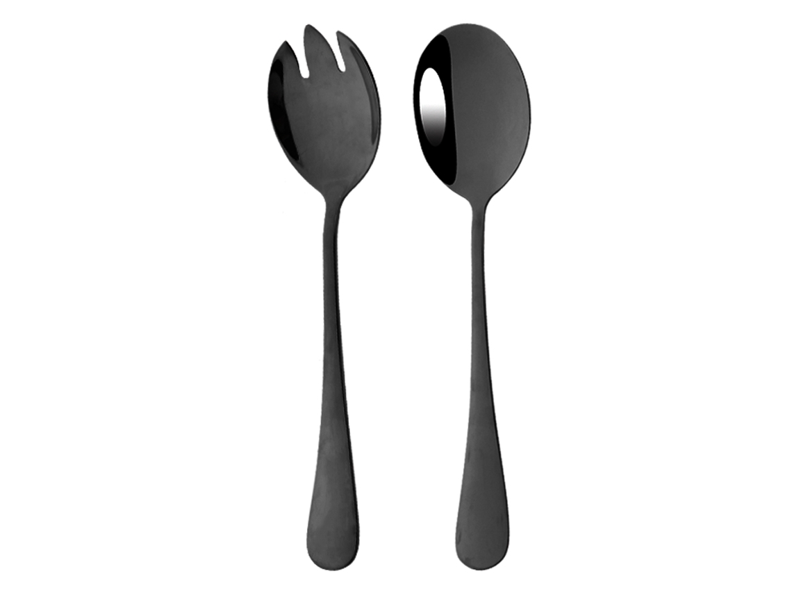 Juego de cubiertos de acero inoxidable, compuesto por cuchara y tenedor, ideal para ensaladas. MDUG (negro)