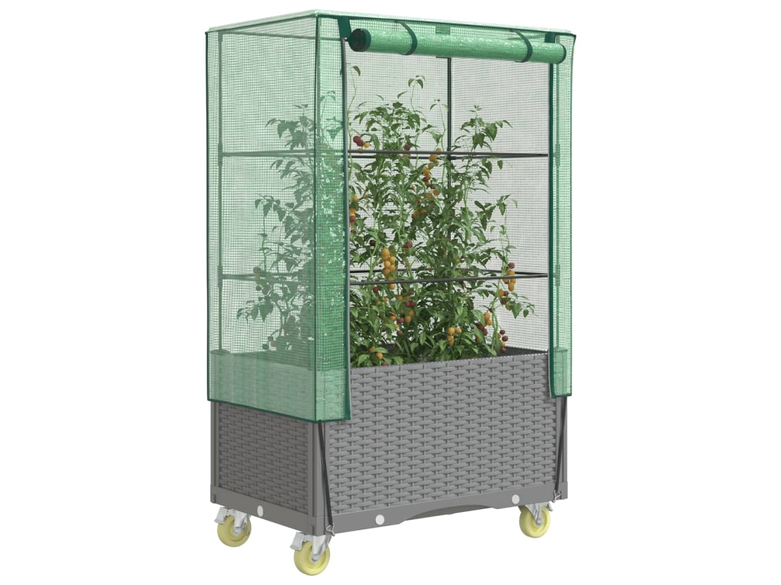 Jardinera elevada con cubierta de invernadero y ruedas, aspecto de mimbre HARLANV1