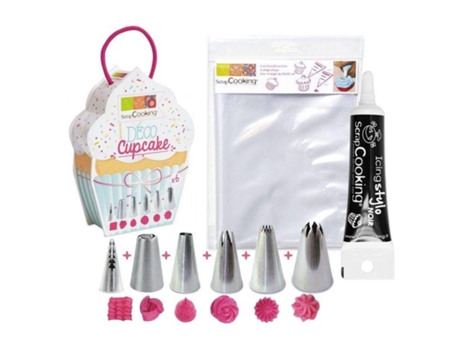 6 boquillas y 6 mangas pasteleras desechables para magdalenas + tubo de glaseado negro