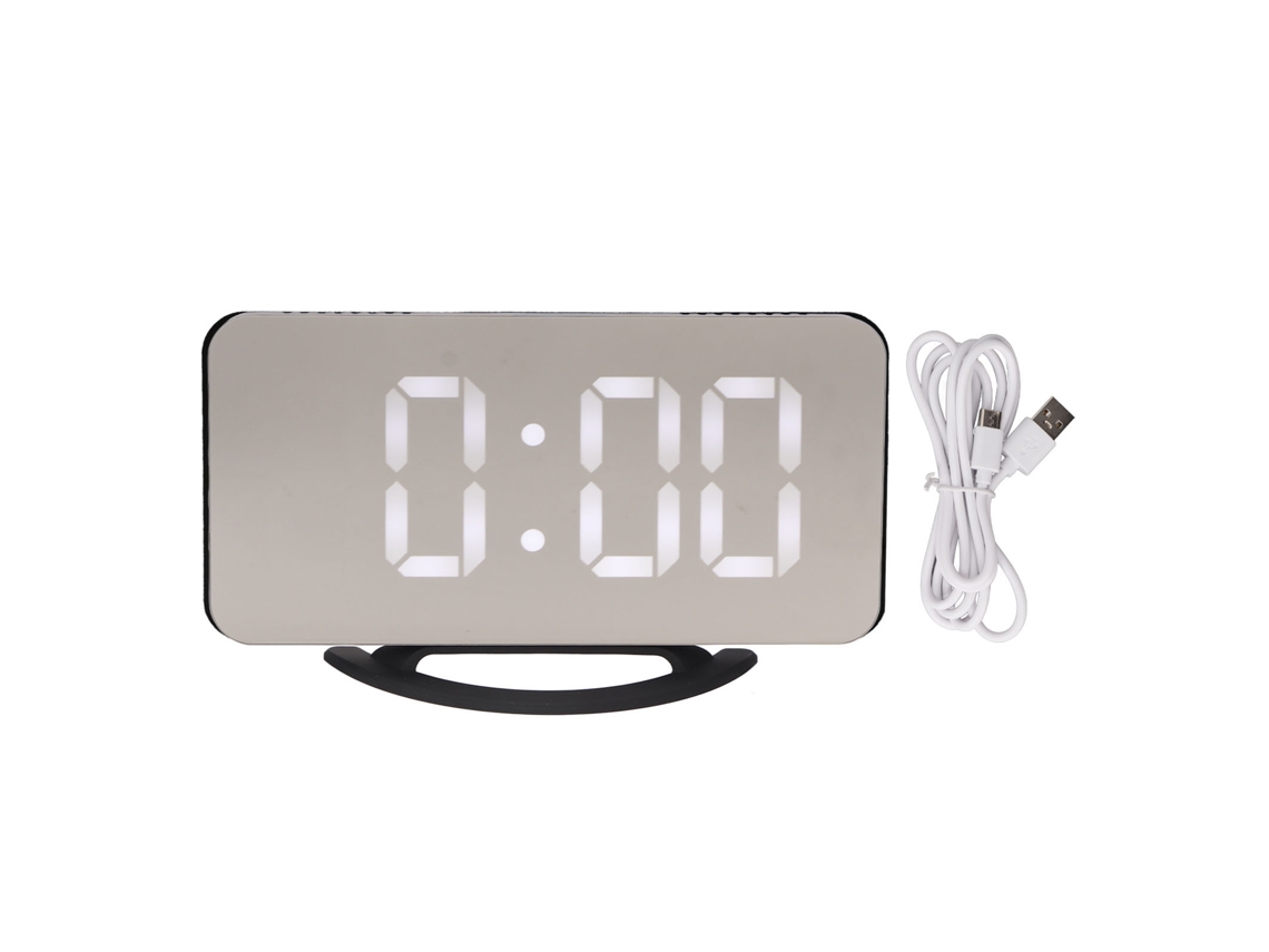Reloj Despertador Digital Led Espejo Con 2 Usb Niveles Brillo Sensor Luz Tiempo Temperatura Dormitorio Negro