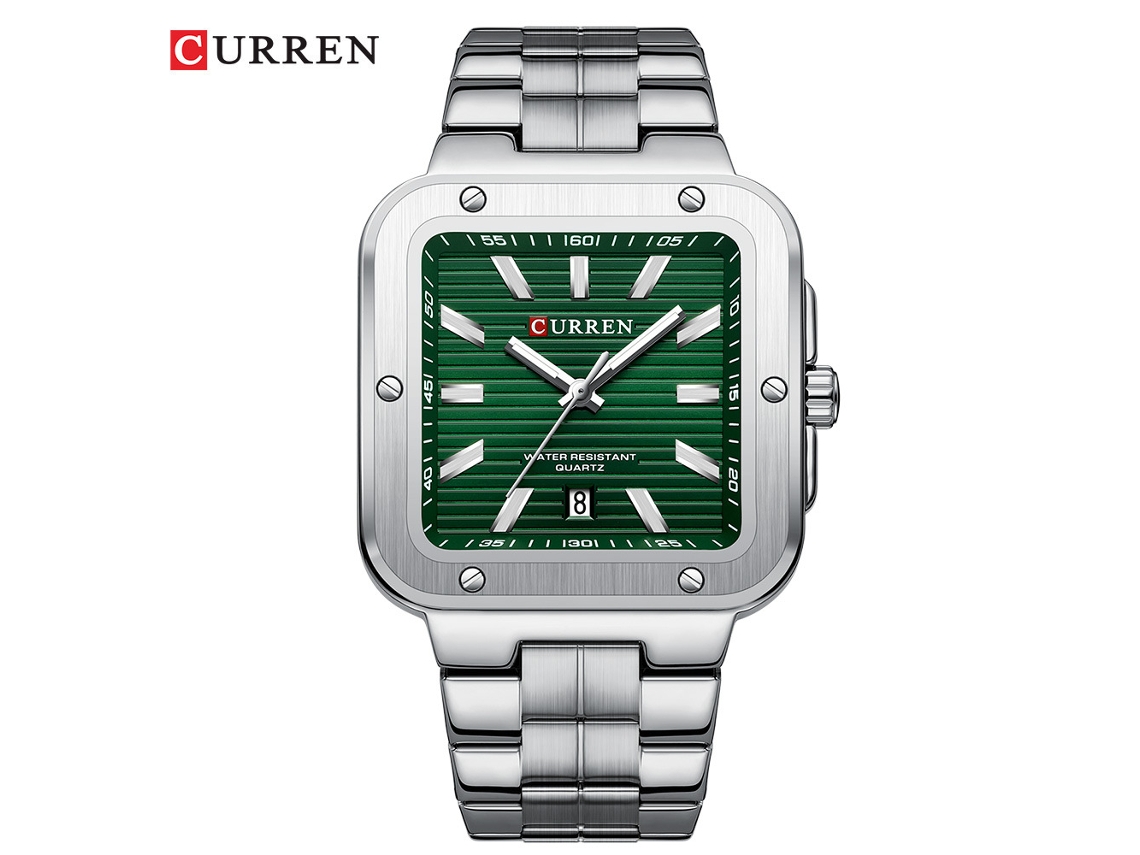 Reloj De Pulsera De Cuarzo Para Hombre (plateado Y Verde) Con Correa De Acero Inoxidable, Esfera Cuadrada Grande Y Calendario.