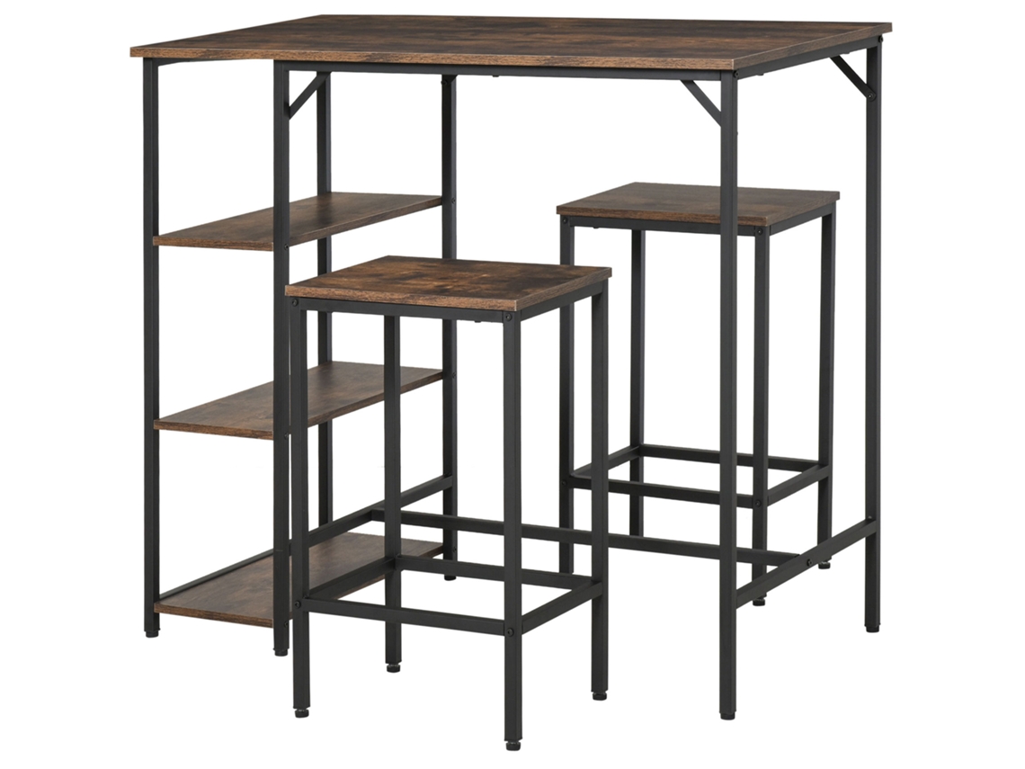 Conjunto de mesa de bar de 3 piezas con 2 taburetes, encimera con estantes, acero rústico, color marrón y negro, dimensiones 109x60x100 cm