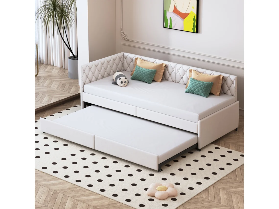 Cama Doble De 90x200 Cm, Tapizada, Tipo Sofá Cama, Con Somier De Láminas, Plegable, Con Ruedas, Tapizada En Terciopelo Beige