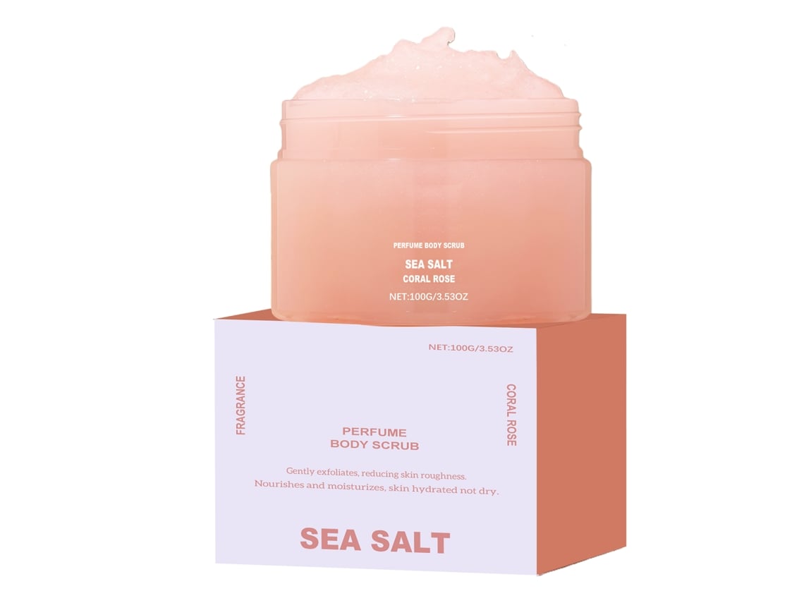 Gel corporal exfoliante de rosa coral con fragancia natural.