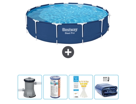 Piscina BESTWAY Round Steel Pro - 396 x 84 cm - Azul - Bomba incluida Filtrar - Tiras de prueba - Vela solar